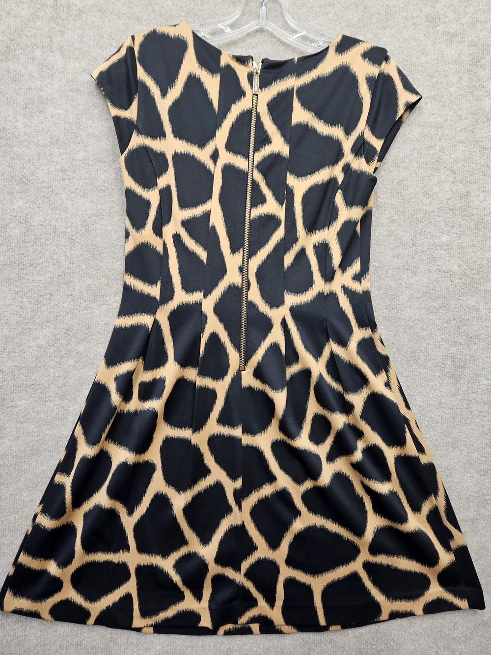 Michael Kors Fit & Flare Dress Size 0 Black Tan Giraffe Print Gold Zip - Picture 8 of 13